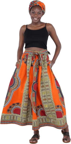 Women's Embossed Dashiki Print Long Maxi, Elastic Waist with Attached Belts & 2 Pockets, African Dashiki Skirt Afrocentric