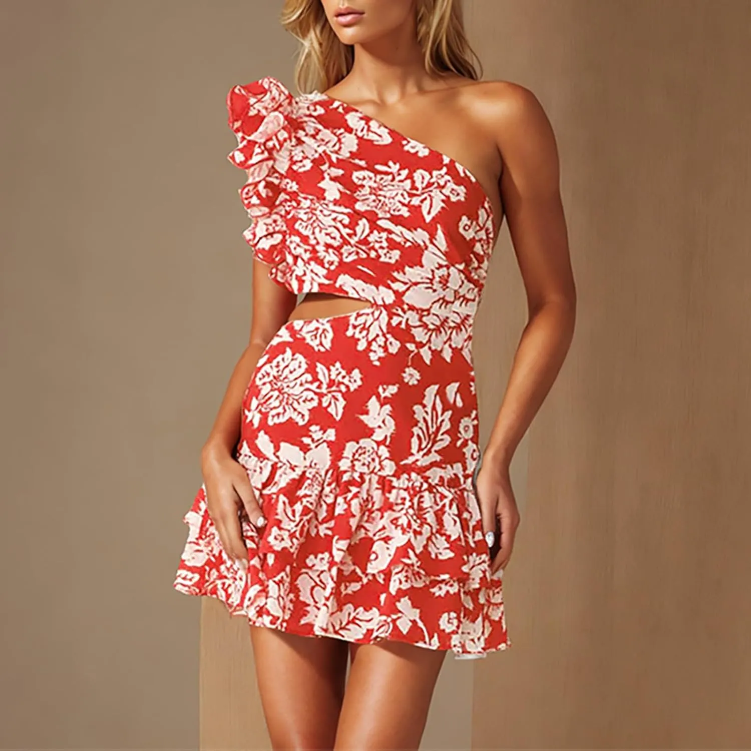Women's Floral Dresses 2025 Cutout One Shoulder Tiered Ruffle Hem Mini Dress A-Line Backless Sexy Sundress Boho Dress
