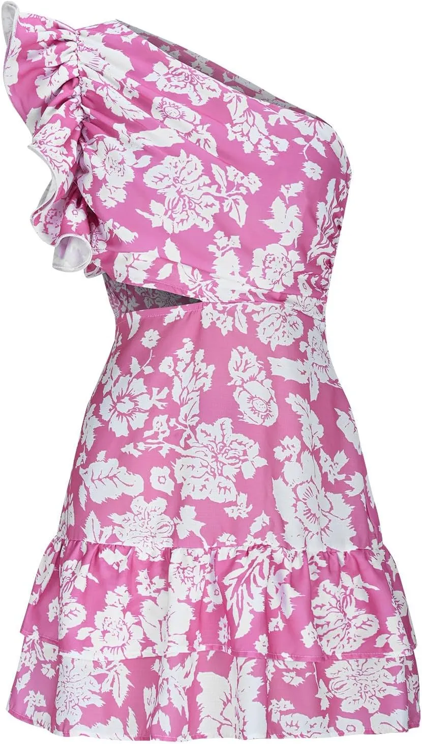 Women's Floral Dresses 2025 Cutout One Shoulder Tiered Ruffle Hem Mini Dress A-Line Backless Sexy Sundress Boho Dress