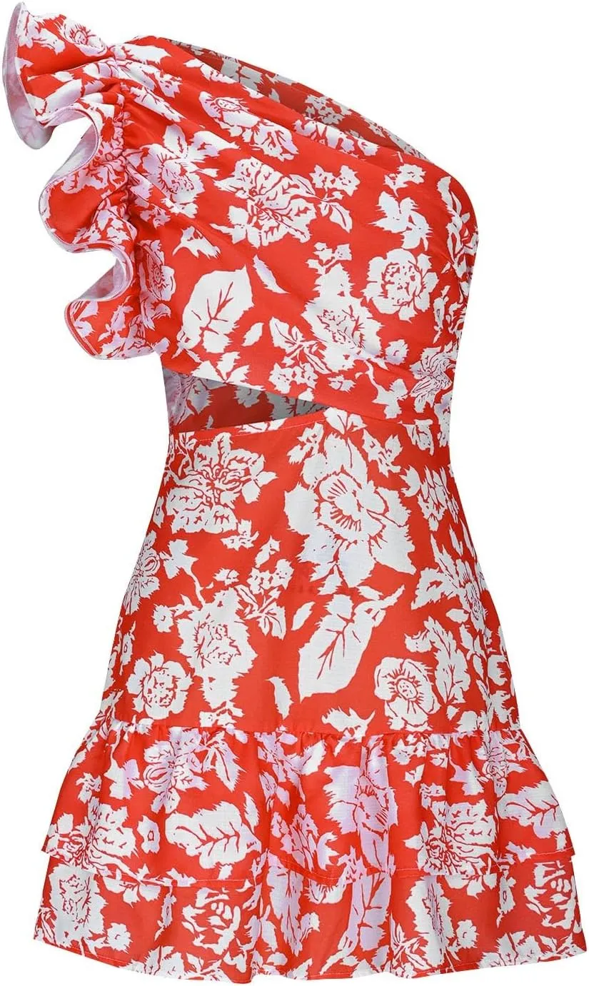 Women's Floral Dresses 2025 Cutout One Shoulder Tiered Ruffle Hem Mini Dress A-Line Backless Sexy Sundress Boho Dress
