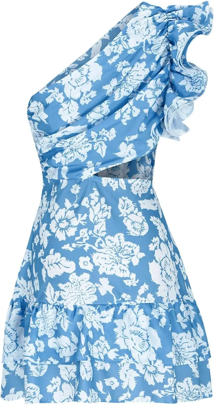 Women's Floral Dresses 2025 Cutout One Shoulder Tiered Ruffle Hem Mini Dress A-Line Backless Sexy Sundress Boho Dress