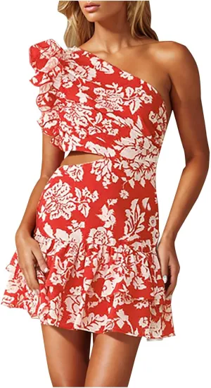 Women's Floral Dresses 2025 Cutout One Shoulder Tiered Ruffle Hem Mini Dress A-Line Backless Sexy Sundress Boho Dress