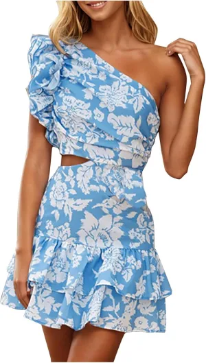 Women's Floral Dresses 2025 Cutout One Shoulder Tiered Ruffle Hem Mini Dress A-Line Backless Sexy Sundress Boho Dress