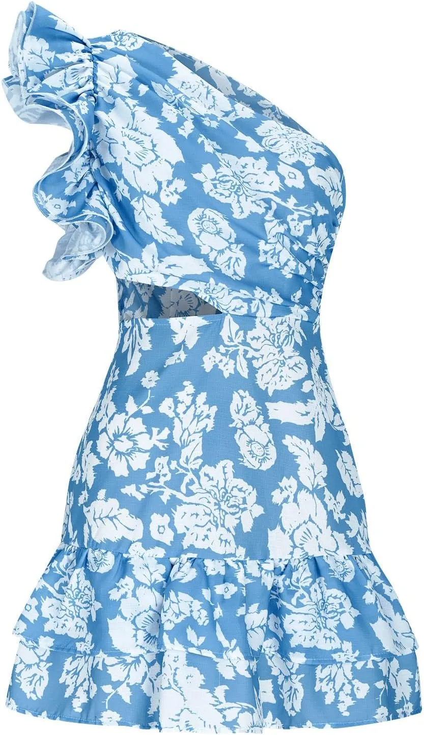 Women's Floral Dresses 2025 Cutout One Shoulder Tiered Ruffle Hem Mini Dress A-Line Backless Sexy Sundress Boho Dress