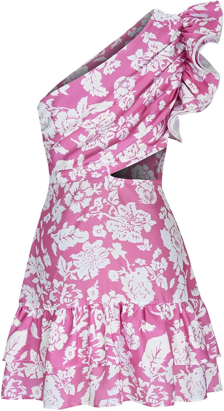 Women's Floral Dresses 2025 Cutout One Shoulder Tiered Ruffle Hem Mini Dress A-Line Backless Sexy Sundress Boho Dress