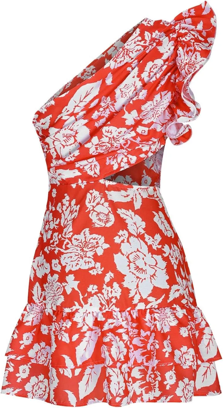 Women's Floral Dresses 2025 Cutout One Shoulder Tiered Ruffle Hem Mini Dress A-Line Backless Sexy Sundress Boho Dress
