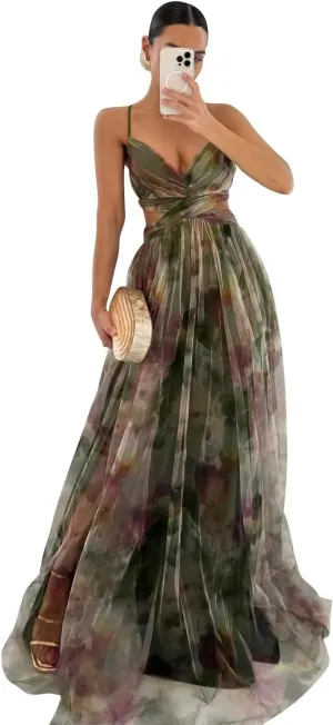 Women's Floral Print Tulle Prom Dresses Spaghetti Straps V Neck A Line Beach Summer Dresses XOD0474