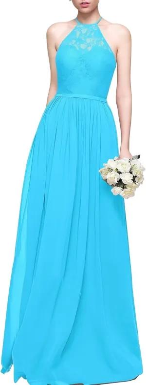 Women's Formal Bridesmaid Dresses High Collar Long Evening Dress A-Line Chiffon Lace Party Gowns
