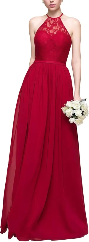 Women's Formal Bridesmaid Dresses High Collar Long Evening Dress A-Line Chiffon Lace Party Gowns