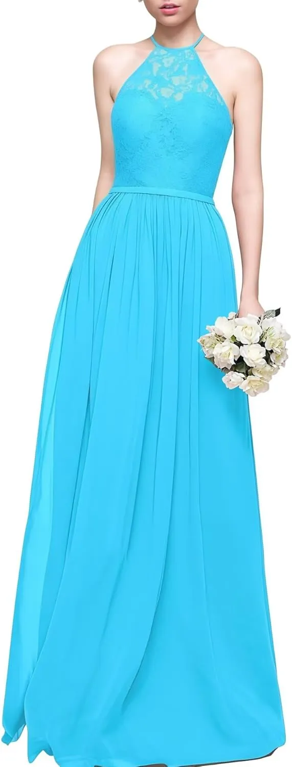 Women's Formal Bridesmaid Dresses High Collar Long Evening Dress A-Line Chiffon Lace Party Gowns