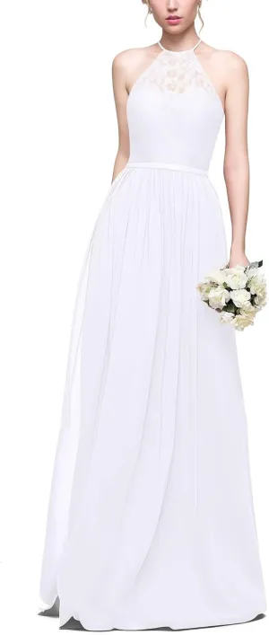 Women's Formal Bridesmaid Dresses High Collar Long Evening Dress A-Line Chiffon Lace Party Gowns