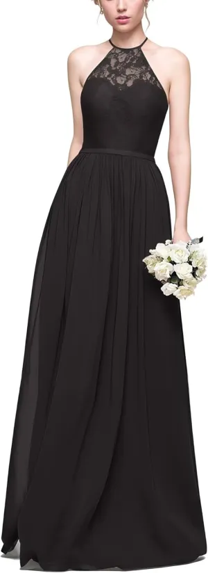 Women's Formal Bridesmaid Dresses High Collar Long Evening Dress A-Line Chiffon Lace Party Gowns
