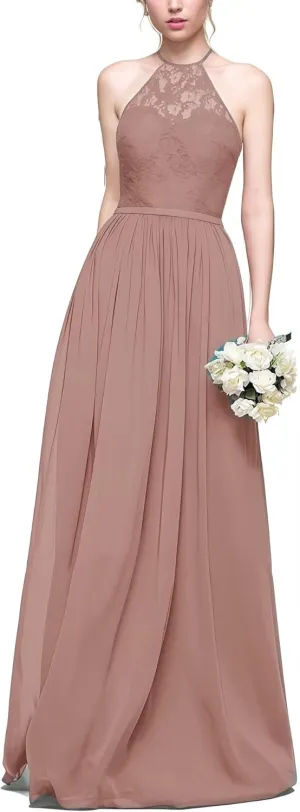 Women's Formal Bridesmaid Dresses High Collar Long Evening Dress A-Line Chiffon Lace Party Gowns