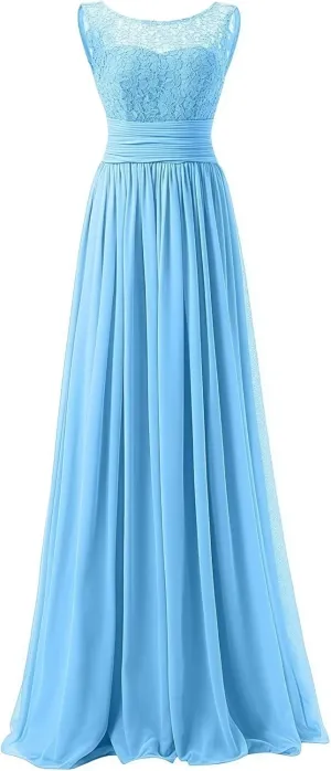 Women's Formal Crew Neck Bridesmaid Dresses Long Evening Dress A-Line Chiffon Lace Party Gowns