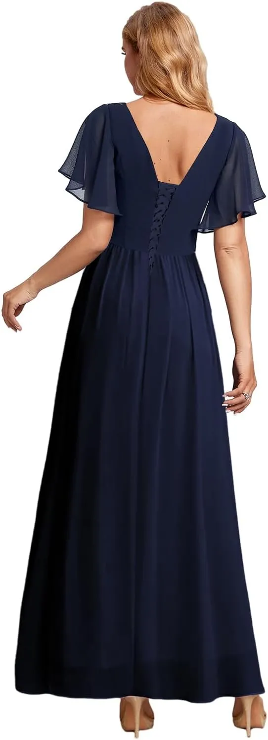 Women's Lace Mother of The Bride Dresses for Wedding High Low Formal Gown with Sleeves V Neck Evening Dress