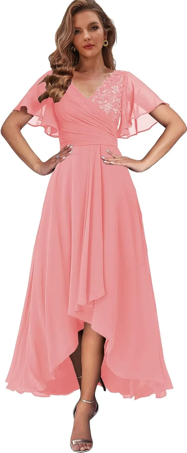 Women's Lace Mother of The Bride Dresses for Wedding High Low Formal Gown with Sleeves V Neck Evening Dress