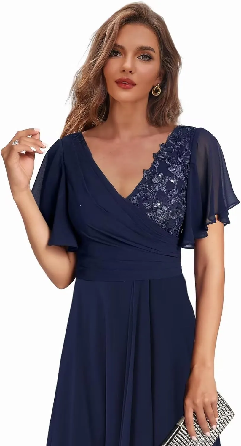 Women's Lace Mother of The Bride Dresses for Wedding High Low Formal Gown with Sleeves V Neck Evening Dress