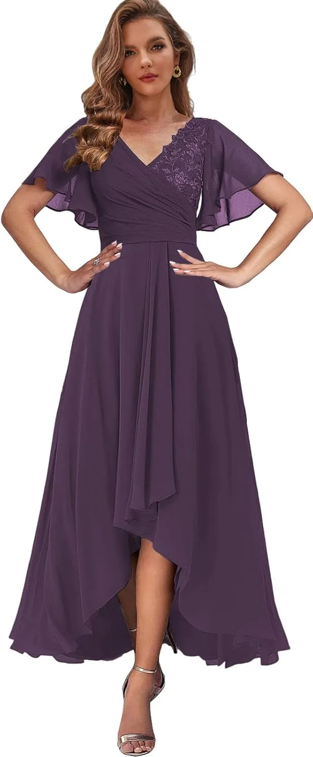 Women's Lace Mother of The Bride Dresses for Wedding High Low Formal Gown with Sleeves V Neck Evening Dress