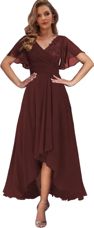 Women's Lace Mother of The Bride Dresses for Wedding High Low Formal Gown with Sleeves V Neck Evening Dress