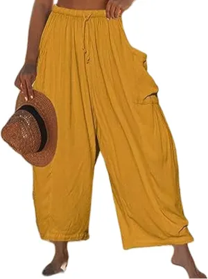 Womens Linen Wide Leg Pants Casual Loose Drawstring Low Waist Beach Palazzo Harem Pants with Pockets