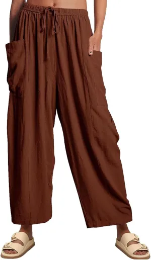 Womens Linen Wide Leg Pants Casual Loose Drawstring Low Waist Beach Palazzo Harem Pants with Pockets