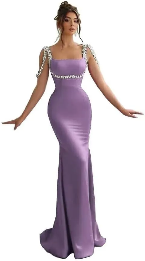 Women's Mermaid Satin Prom Dresses Long Spaghetti Straps Beaded Formal Gowns Bodycon Square Neck Evening Gown FP04