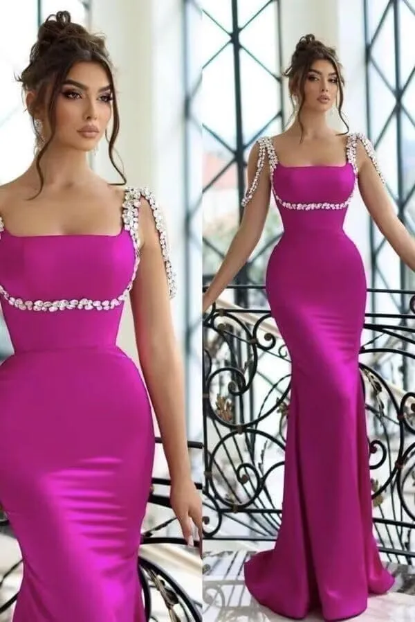 Women's Mermaid Satin Prom Dresses Long Spaghetti Straps Beaded Formal Gowns Bodycon Square Neck Evening Gown FP04