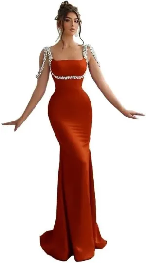 Women's Mermaid Satin Prom Dresses Long Spaghetti Straps Beaded Formal Gowns Bodycon Square Neck Evening Gown FP04