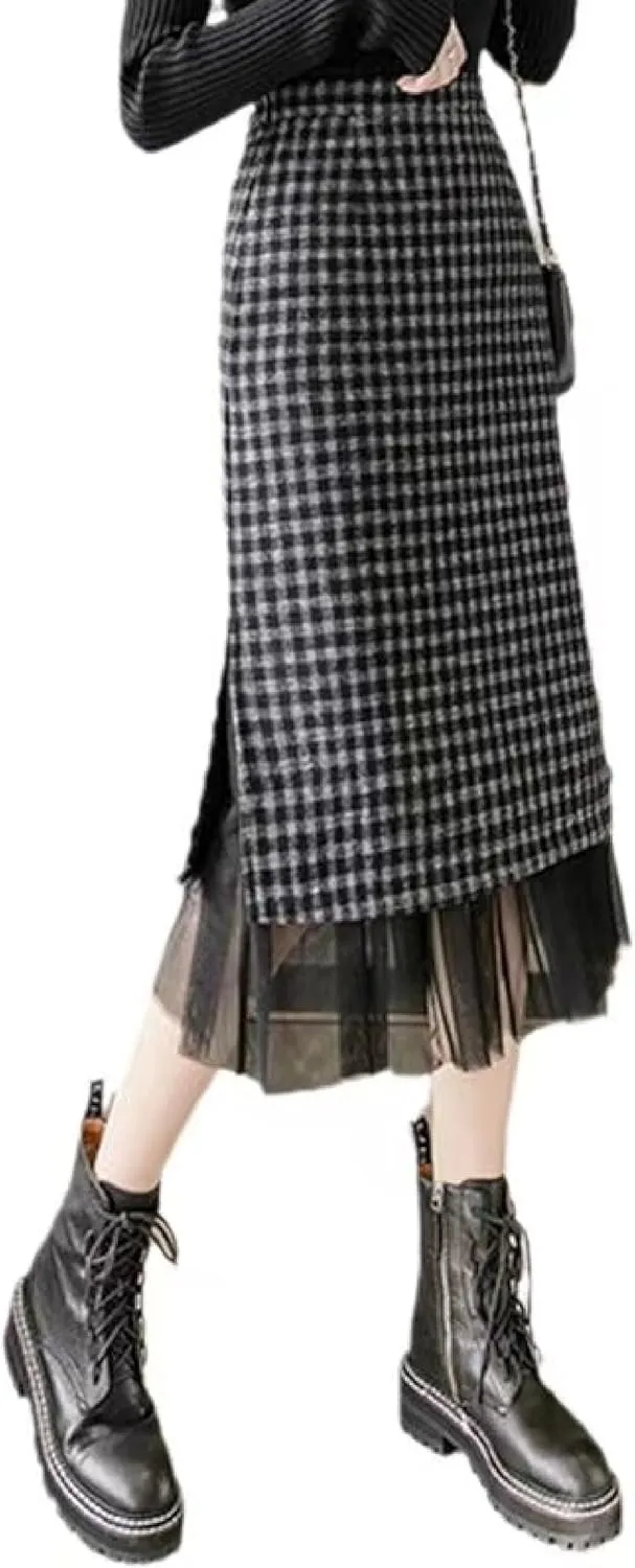 Women's Plaid Long Skirt - High Waisted Fall Winter Knee Length Pencil Skirt with Tulle