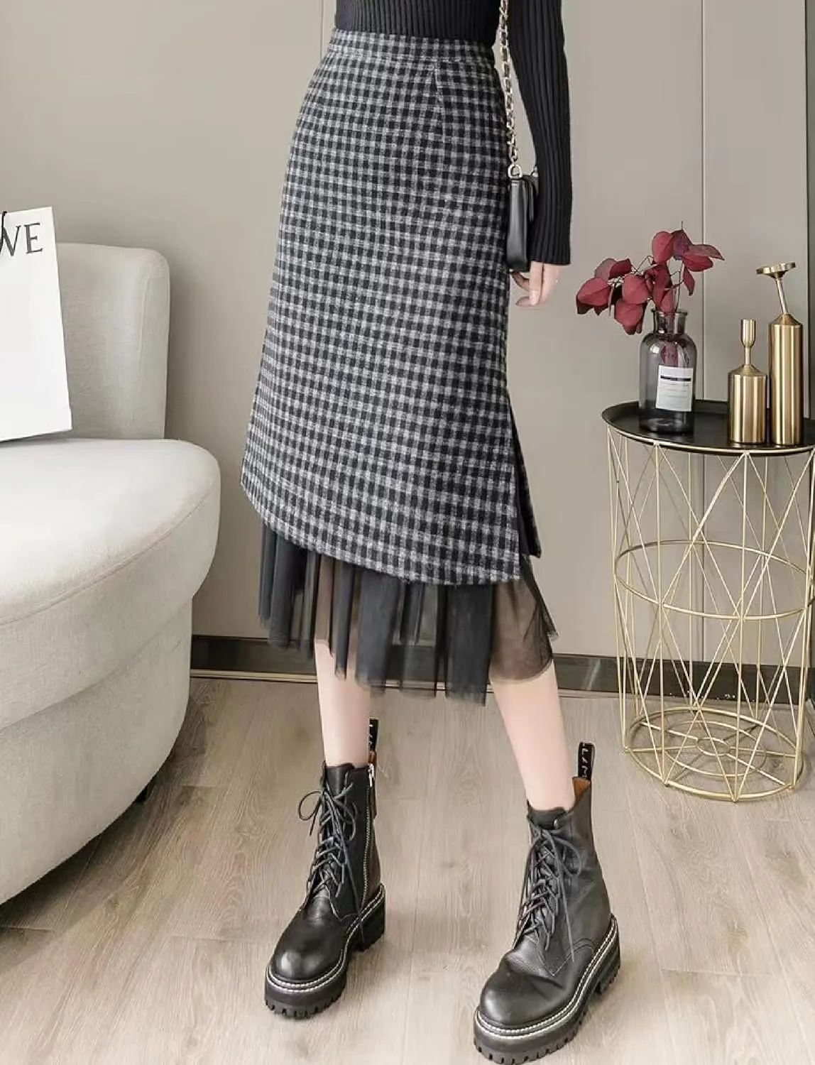 Women's Plaid Long Skirt - High Waisted Fall Winter Knee Length Pencil Skirt with Tulle