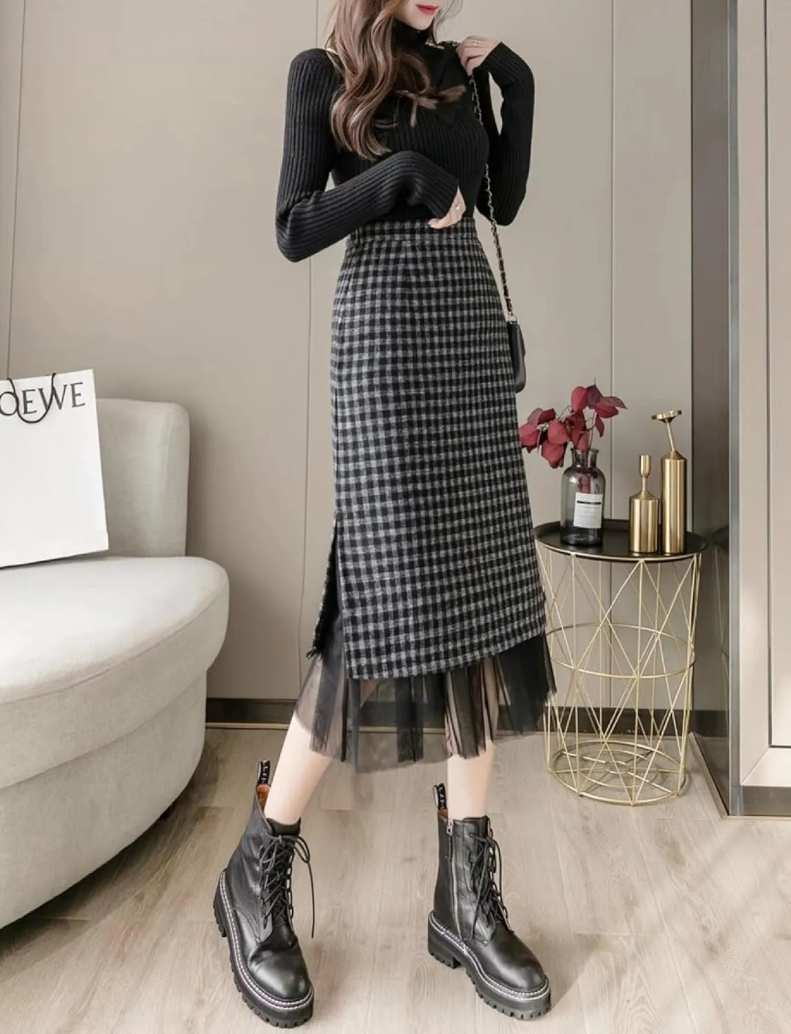 Women's Plaid Long Skirt - High Waisted Fall Winter Knee Length Pencil Skirt with Tulle