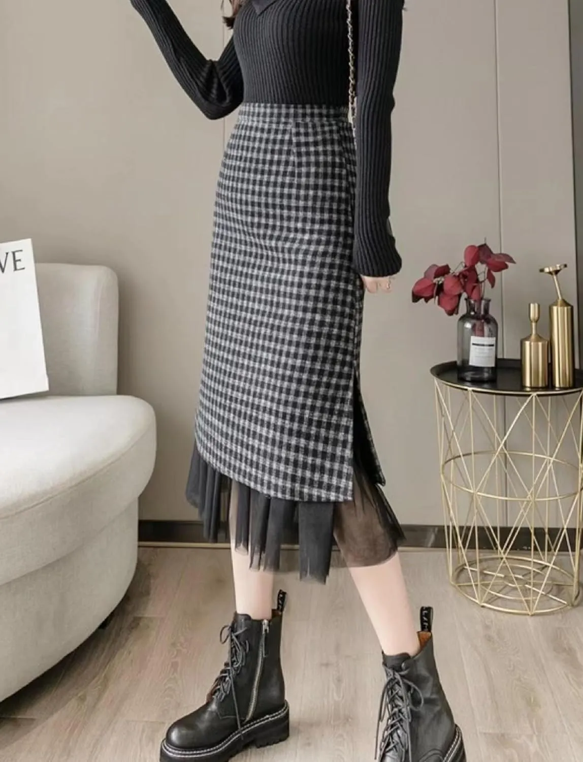 Women's Plaid Long Skirt - High Waisted Fall Winter Knee Length Pencil Skirt with Tulle