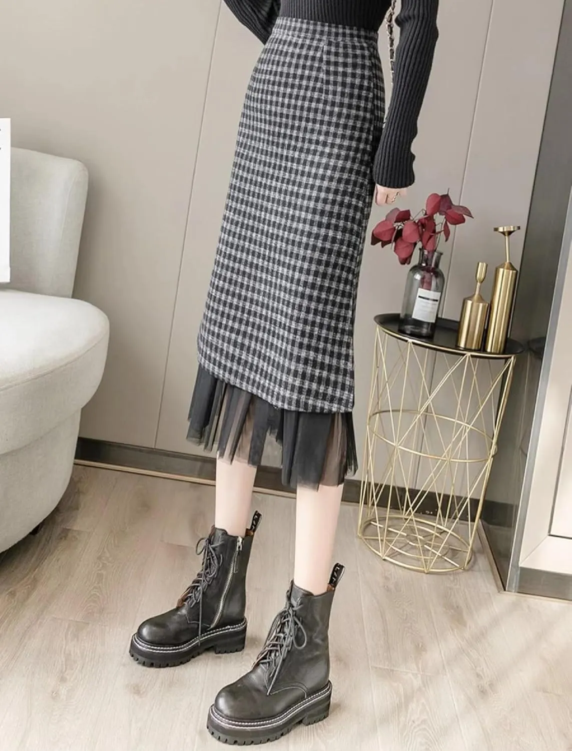 Women's Plaid Long Skirt - High Waisted Fall Winter Knee Length Pencil Skirt with Tulle