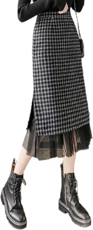 Women's Plaid Long Skirt - High Waisted Fall Winter Knee Length Pencil Skirt with Tulle
