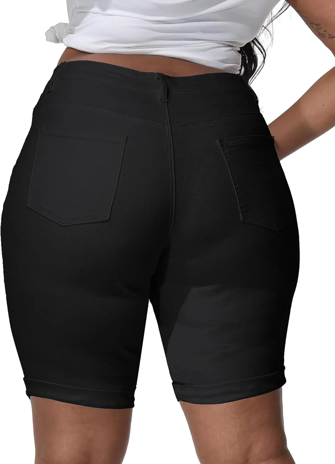 Womens Plus Size Jean Shorts High Waisted Stretchy Midi Bermuda Denim Shorts
