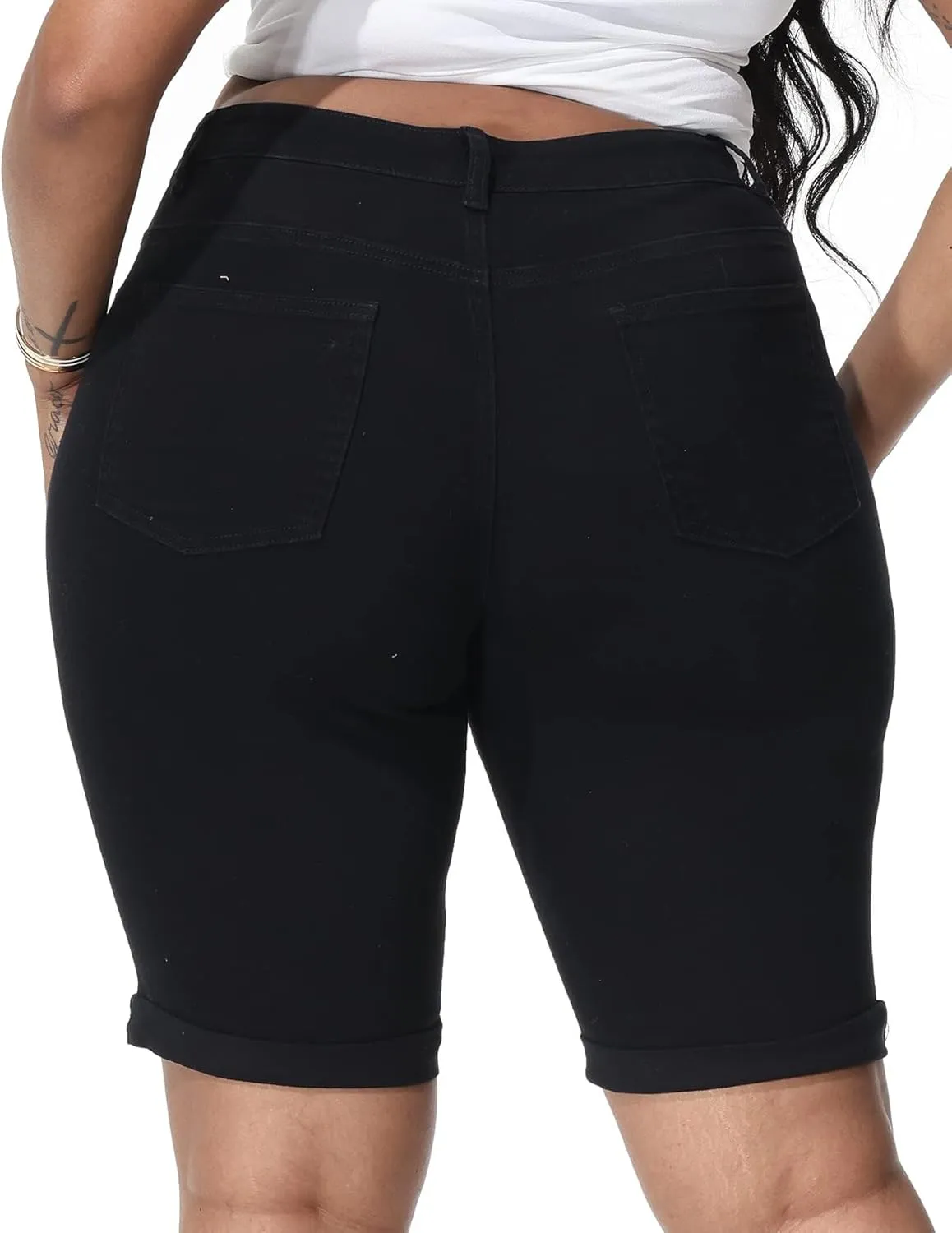 Womens Plus Size Jean Shorts High Waisted Stretchy Midi Bermuda Denim Shorts