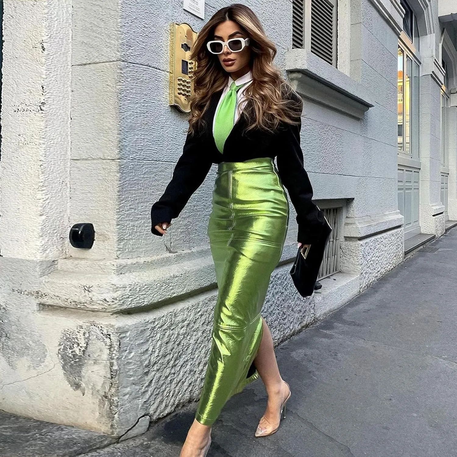 Womens PU Leathers Skirt, Bodycon High Waist Casual Split PU Pencil Skirt Office Lady Work Skirt Silver