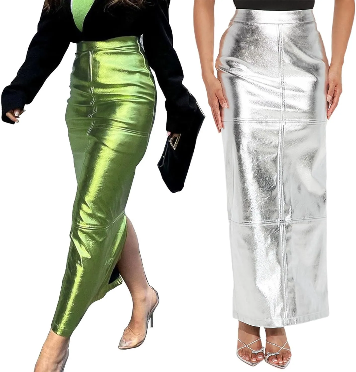 Womens PU Leathers Skirt, Bodycon High Waist Casual Split PU Pencil Skirt Office Lady Work Skirt Silver