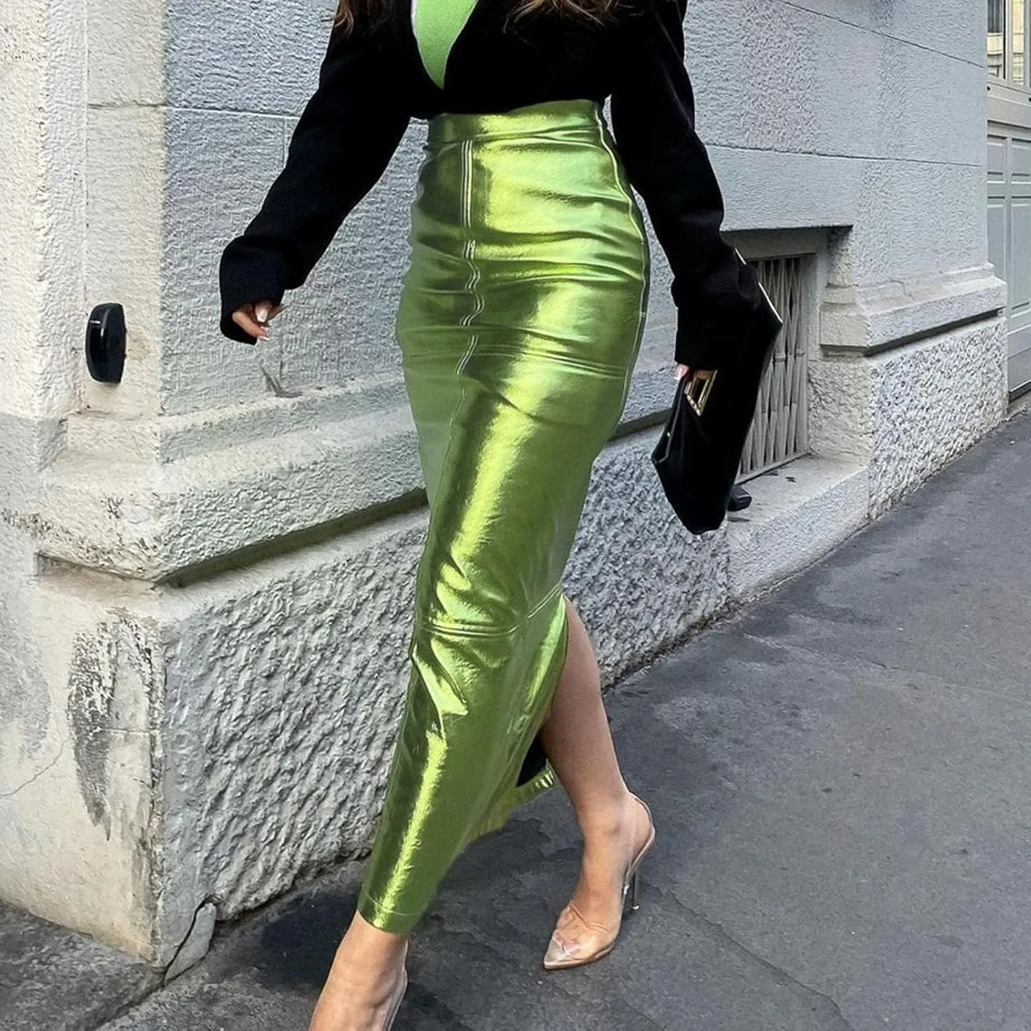 Womens PU Leathers Skirt, Bodycon High Waist Casual Split PU Pencil Skirt Office Lady Work Skirt Silver