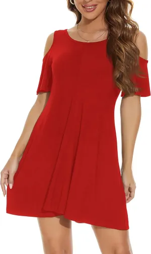 Women's Round Neck and V-Neck Two Ways to Wear Cold Shoulder Sleeveless Tanks Dress Summer Solid Color
