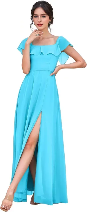 Women's Ruffle Sleeve Chiffon Bridesmaid Dresses Round Neck with Slit Floor Length Evening Gowns