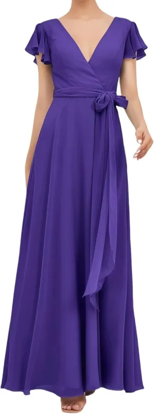 Women's Short Sleeve Bridesmaid Dresses V-Neck Long A Line Ruched Formal Chiffon Evening Gowns