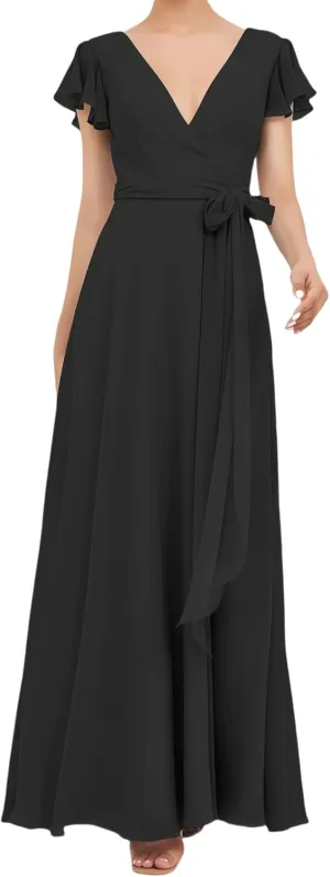 Women's Short Sleeve Bridesmaid Dresses V-Neck Long A Line Ruched Formal Chiffon Evening Gowns