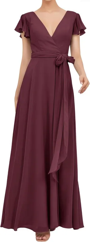 Women's Short Sleeve Bridesmaid Dresses V-Neck Long A Line Ruched Formal Chiffon Evening Gowns