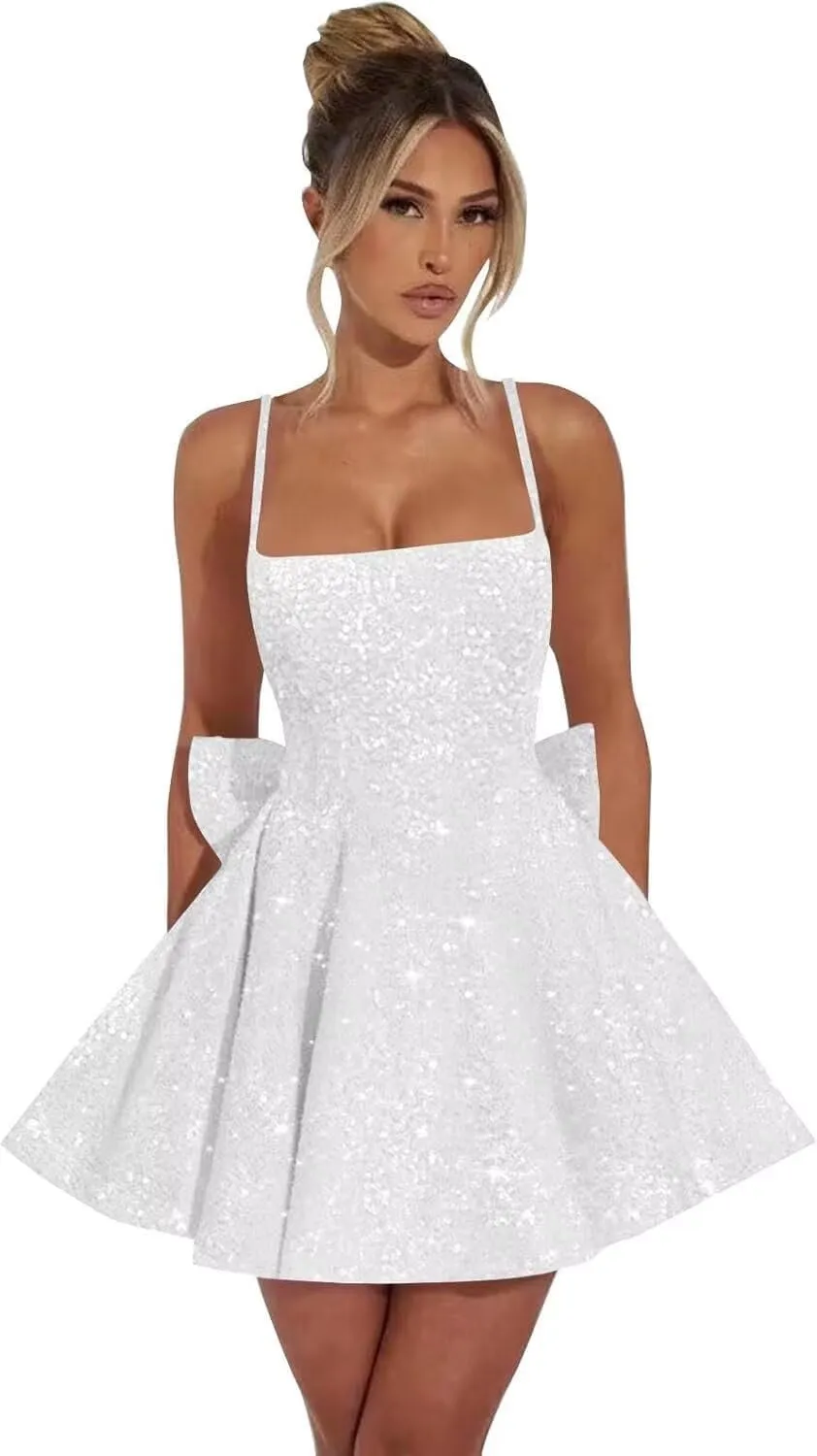 Women's Sparkly Homecoming Dress 2025 Short Square Neck Sequin Cocktail Party Gowns with Bow PU271