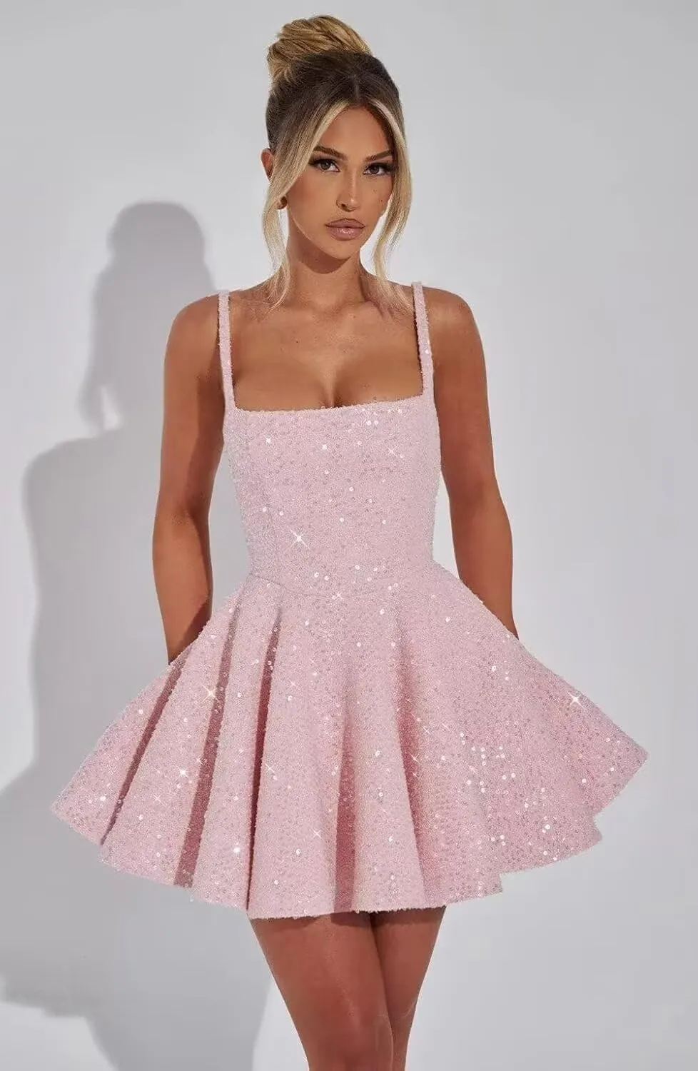 Women's Sparkly Homecoming Dress 2025 Short Square Neck Sequin Cocktail Party Gowns with Bow PU271