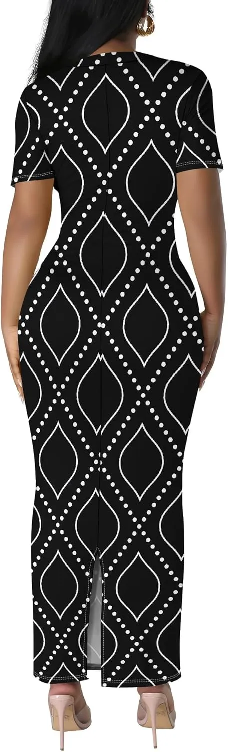 Women's Summer Bodycon Maxi Dress Casual Crewneck Short Sleeve Long Fitted Sundress Party Club Sexy Wrap Beach Vacation Dress