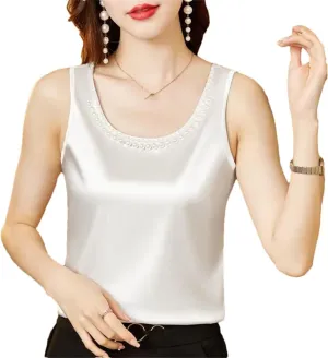 Women's Summer Solid Color Round Neck Beading Sleeveless Commute Loose Pullover Tanks Camisole Tops