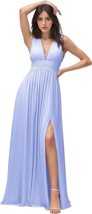 Women's V-Neck Bridesmaid Dress Floor Leng A-Line with Slit Pleated Chiffon Formal Evening Gowns