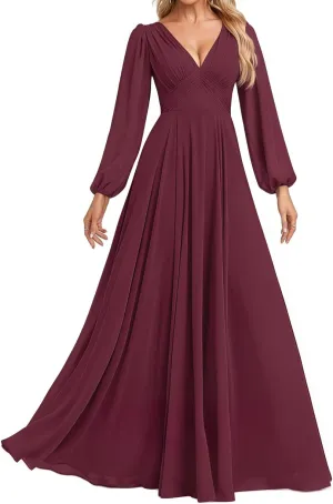 Women's V Neck Bridesmaid Dresses Sleeves Floor Length A-Line Pleated Chiffon Evening Formal Gown
